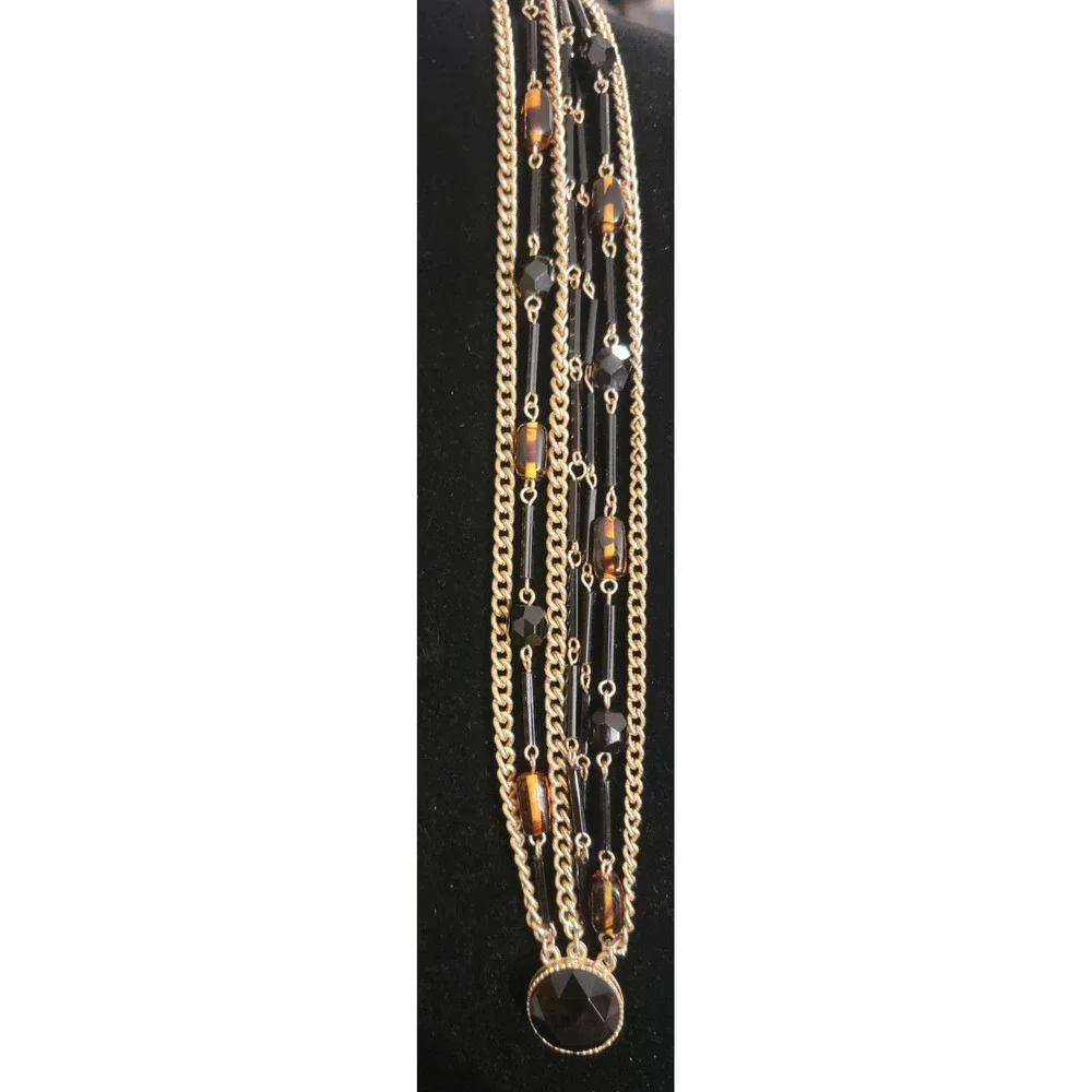 Vintage Multi Strand Gold Tone Beaded Statement Necklace Black Tortoise Shell